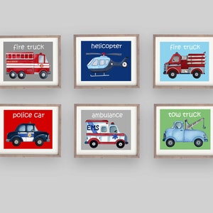 emergency vehicle wall decor, boys nursery art, police car fire truck ambulance watercolor art prints