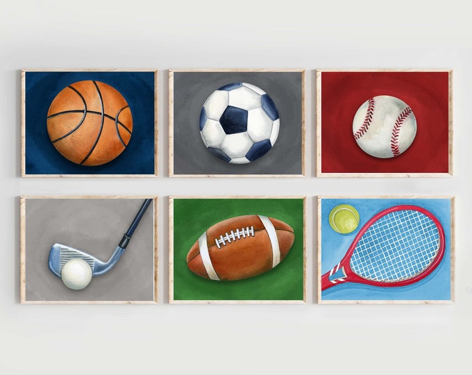 Set of 6 sports wall art prints for boy nursery bedroom, vintage sports wall décor, boy gift idea