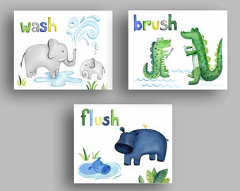 jungle animal wall art décor, kids bathroom art, wash brush flush bath rules print