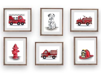 fire truck decor, fire truck wall art prints for fireman theme bedroom or nursery