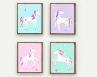 Unicorn Art Prints, Girl Nursery Wall Decor, Rainbow Pistures