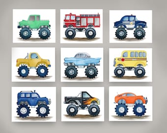 Monster Truck Watercolor Art Prints: Boys Transportation Decor