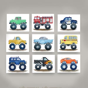 monster truck wall art decor for boys transportation bedroom, watercolor art prints, set of 6