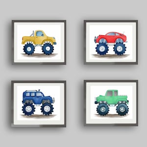 monster truck wall art decor for boys transportation bedroom, watercolor art prints