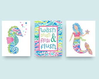 Láminas artísticas de sirena para el baño: juego de tres, decoración infantil