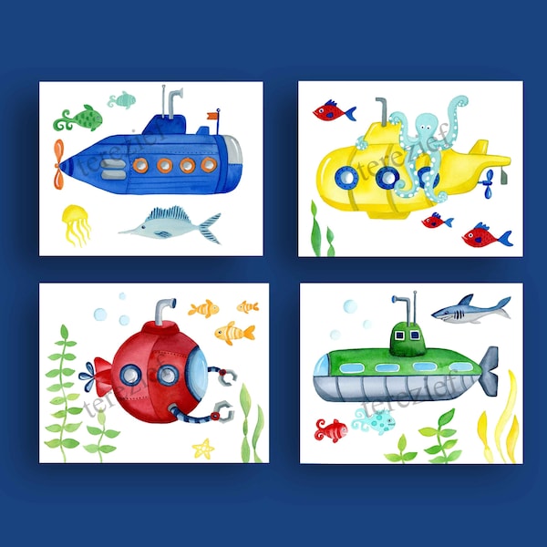 submarine wall art décor for boy bathroom, kids submarine bedroom art prints