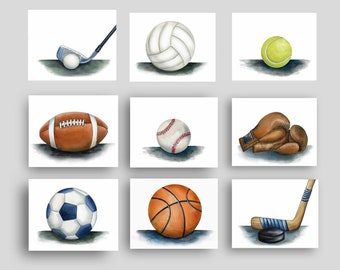 sports wall art decor for boy nursery bedroom, sports art prints from watercolor art