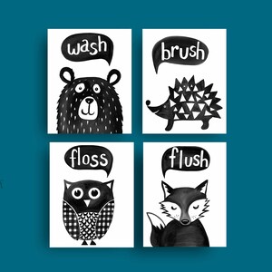May include: Four black and white illustrations on a white background with the words "wash", "brush", "floss", and "flush" in a speech bubble above each animal. The animals are a bear, a hedgehog, an owl, and a fox.