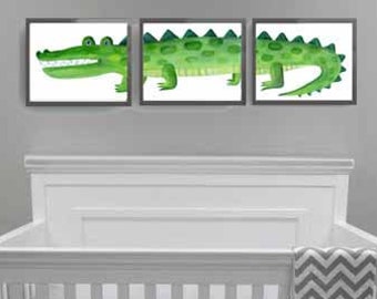 Alligator wall art decor for boy nursery, alligator triptych, watercolor alligator print