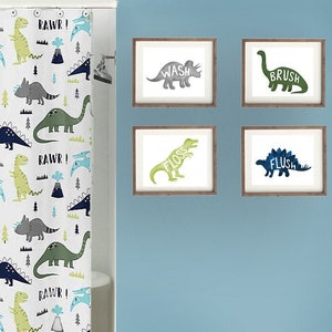 Dinosaur wall art decor for boy bathroom, kids mod dinosaur bathroom art prints