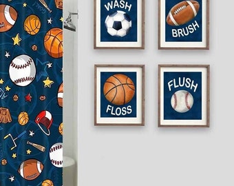 sports wall art décor for boy bathroom, sports bathroom art prints, bath rules art prints