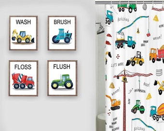 construction truck bathroom wall decor, construction art prints for boy bathroom, bathroom rules wash brush flush