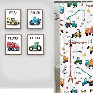 construction truck bathroom wall decor, construction art prints for boy bathroom, bathroom rules wash brush flush