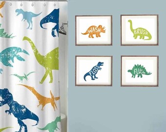 Dinosaur Bathroom Art Prints, Watercolor Dino Decor, Set of 4