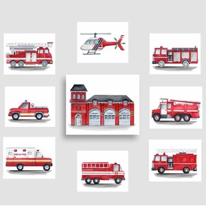 Fire Truck Art Prints for Boy&#39;s Bedroom, watercolor nursery art, personalized