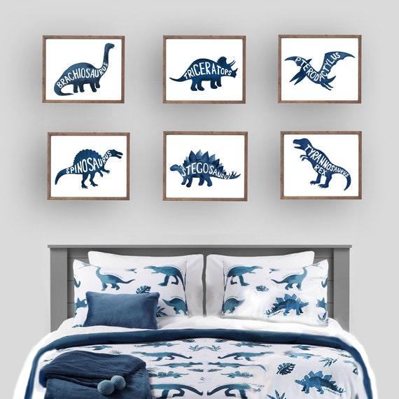 Blue Watercolor Dinosaur Art Prints: Nursery Bedroom Decor