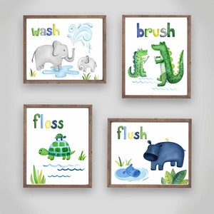 May include: Four watercolor illustrations with animal characters and the words "wash", "brush", "floss", and "flush" in blue and yellow letters. The illustrations are framed in brown wood.