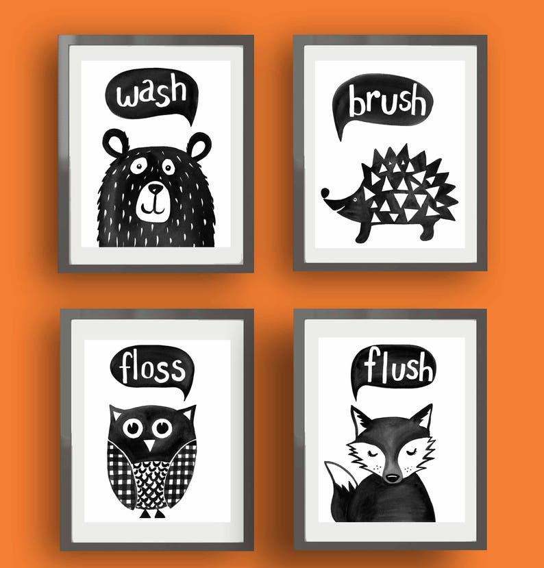 May include: Four black and white illustrations in frames with animal characters and words related to bathroom routines. The top left frame shows a bear with the word "wash" above it. The top right frame shows a hedgehog with the word "brush" above it. The bottom left frame shows an owl with the word "floss" above it. The bottom right frame shows a fox with the word "flush" above it.