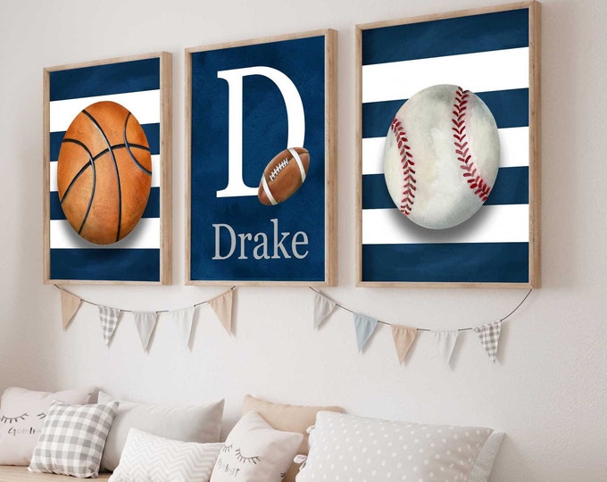 Set of 3 sports wall art prints for boy nursery bedroom, vintage sports wall décor, customized name initial, boy gift idea