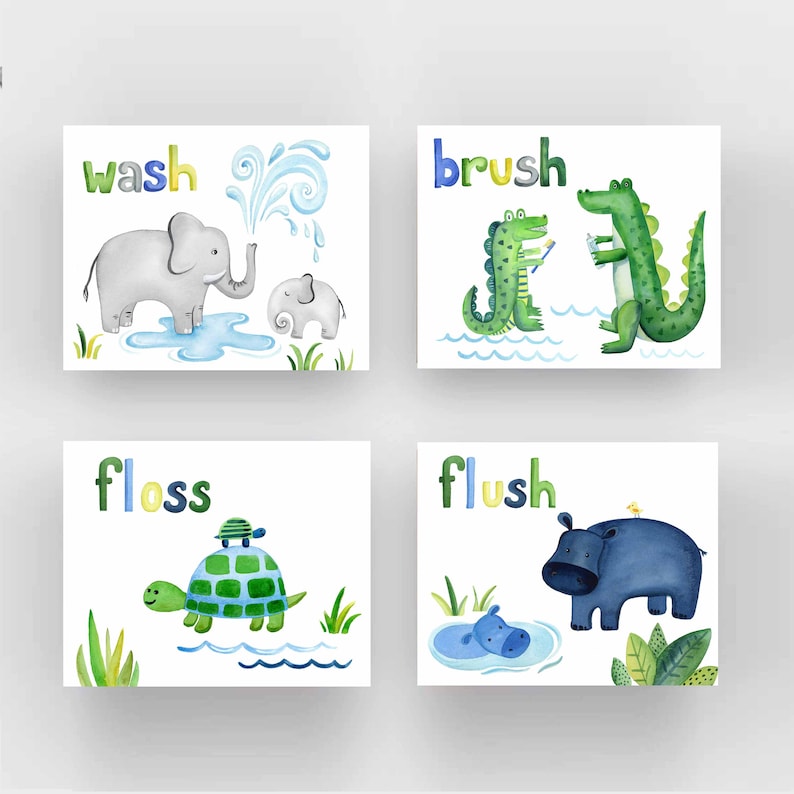 May include: Four watercolor illustrations with animal characters and words related to bathroom hygiene. The illustrations feature an elephant with the word "wash", a crocodile with the word "brush", a turtle with the word "floss", and a hippopotamus with the word "flush".