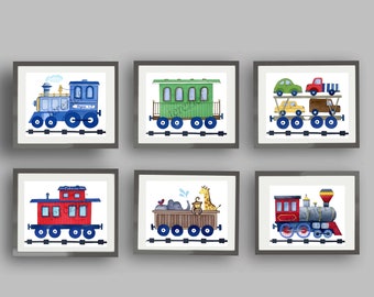 Train Art Prints, Watercolor Train Engines, Boy Nursery Wall Decor