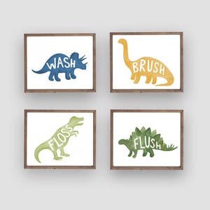 Dinosaur Bathroom Art Prints, Mod Dinosaur Shower Curtain decor, Wash  Brush Floss Flush