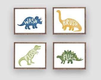 Dinosaur Bathroom Art Prints, Mod Dinosaur Shower Curtain decor, Wash  Brush Floss Flush