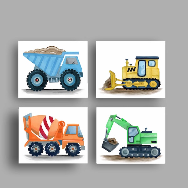 Construction Vehicle Art Prints for Boys' Nursery Room, Dump truck Bulldozer Mixer Tractor Wall Decor
