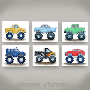 monster truck wall art decor for boys transportation bedroom, watercolor art prints, digital downloads