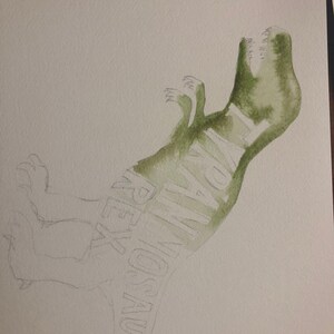 May include: A watercolor painting of a Tyrannosaurus Rex dinosaur with the words "Tyrannosaurus Rex" written in white inside the dinosaur's body.