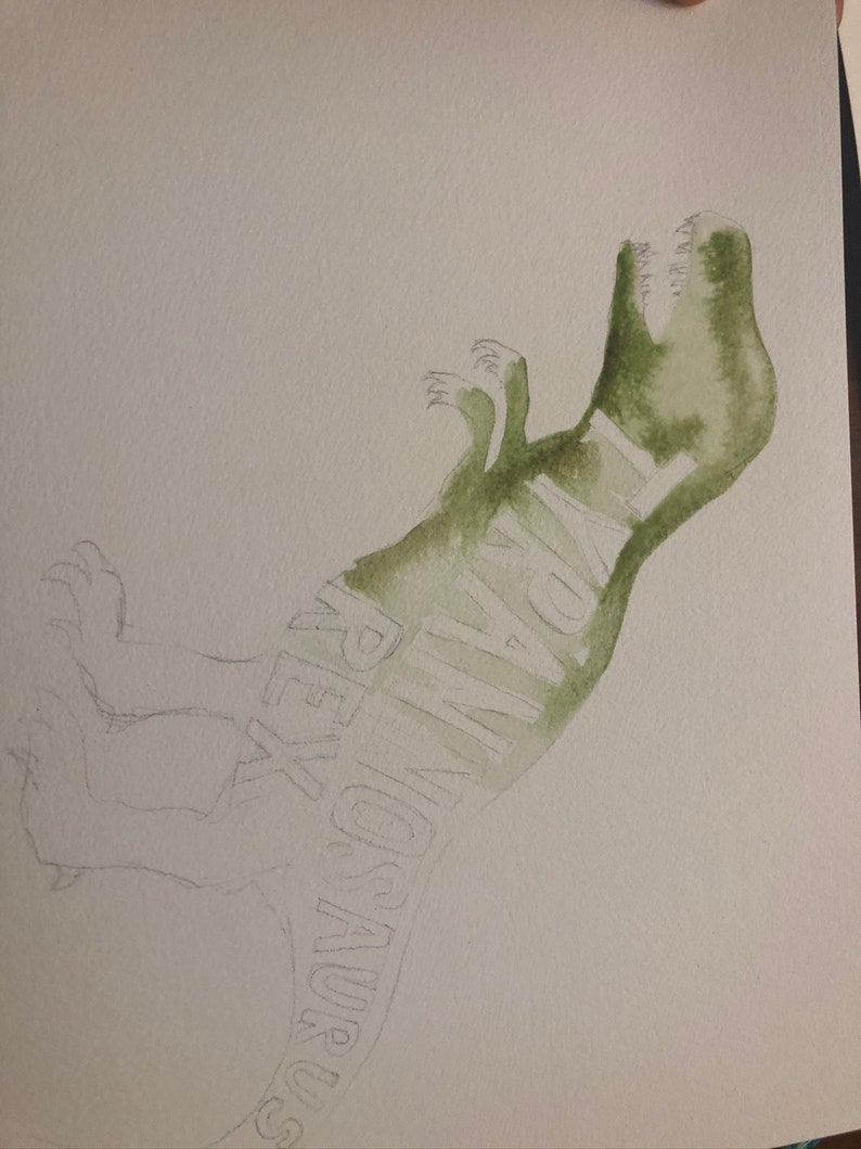 May include: A watercolor painting of a Tyrannosaurus Rex dinosaur with the words "Tyrannosaurus Rex" written in white inside the dinosaur's body.