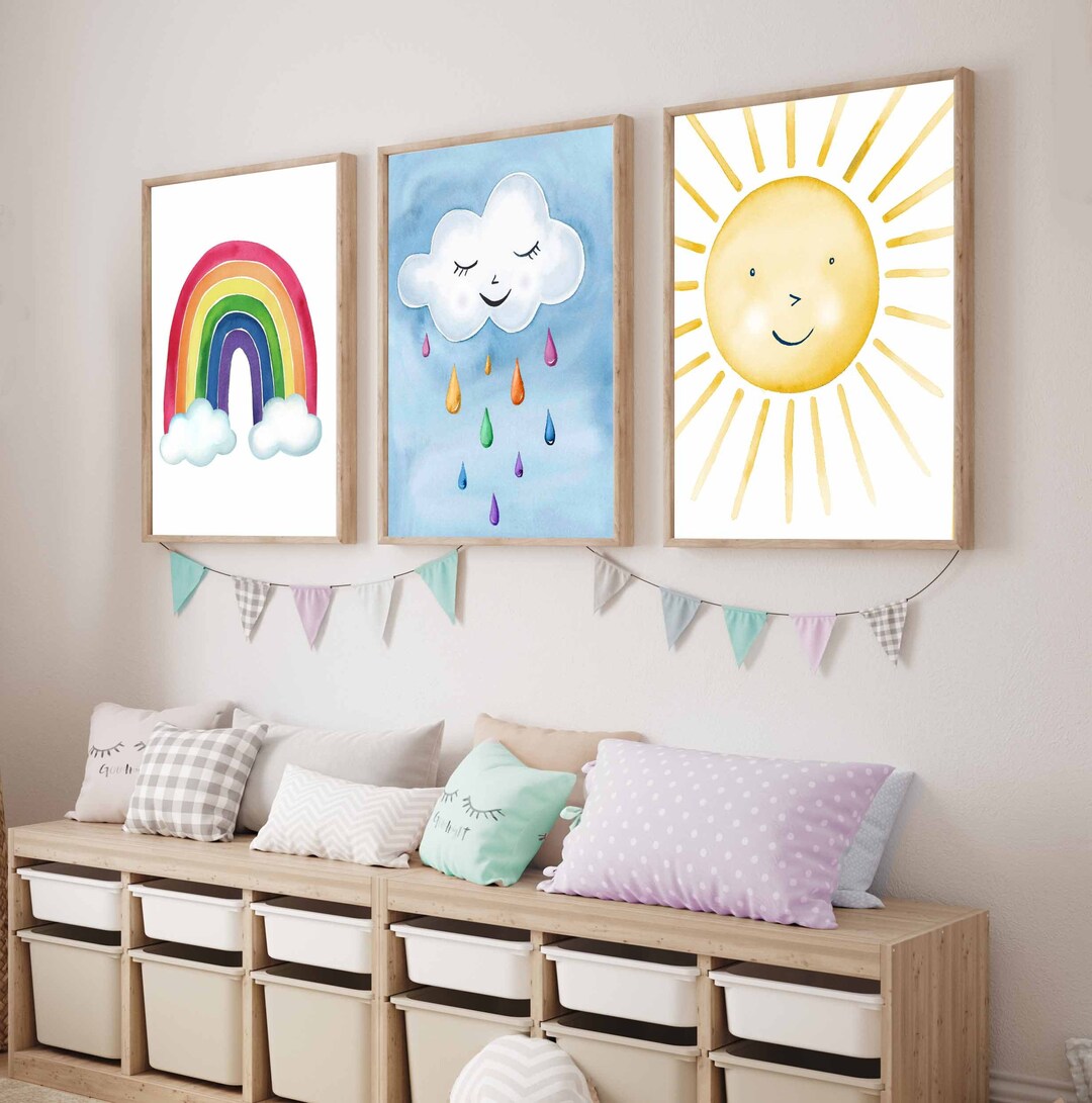 Rainbow Sun Cloud Nursery Wall Art, Kids Playroom Decor, Boho Art ...