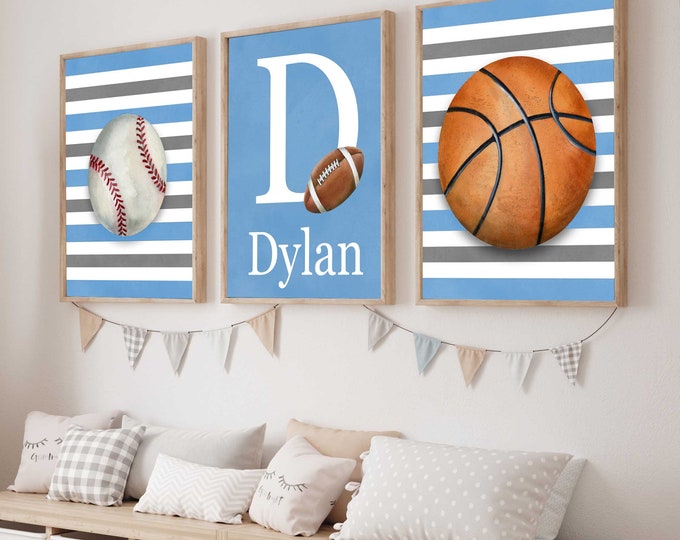 Sports Wall Art Décor for Boy Nursery Bedroom, Sports Room Watercolor prints , customized name initial