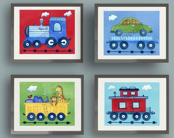 train cars wall decor, train engines art prints for boy nursery bedroom