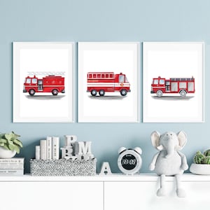 Set of 3 Fire Trucks Nursery Art Prints for Boys Room, Wall Art Décor for Little Firefighters, instant digital download, printable