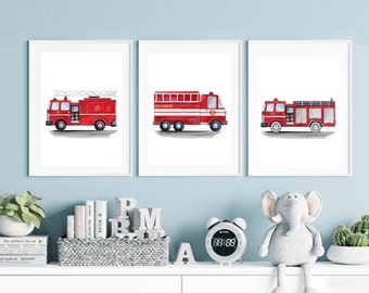 May include: Three watercolor illustrations of red fire trucks with white stripes. The trucks have ladders, hoses, and the words "Fire & Rescue" on the side.