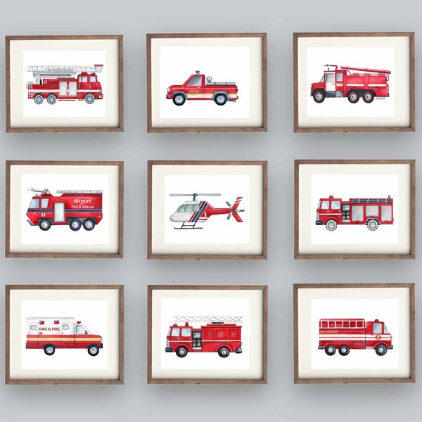 Watercolor fire truck art prints, boy wall décor, fire engine paintings, boy gift idea