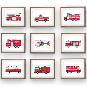 Watercolor Fire Truck Art Prints, Boy Wall Decor, Firetruck Pictures