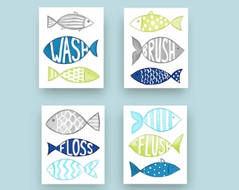 Watercolor Fish Art Prints: Kids Bathroom Decor Set