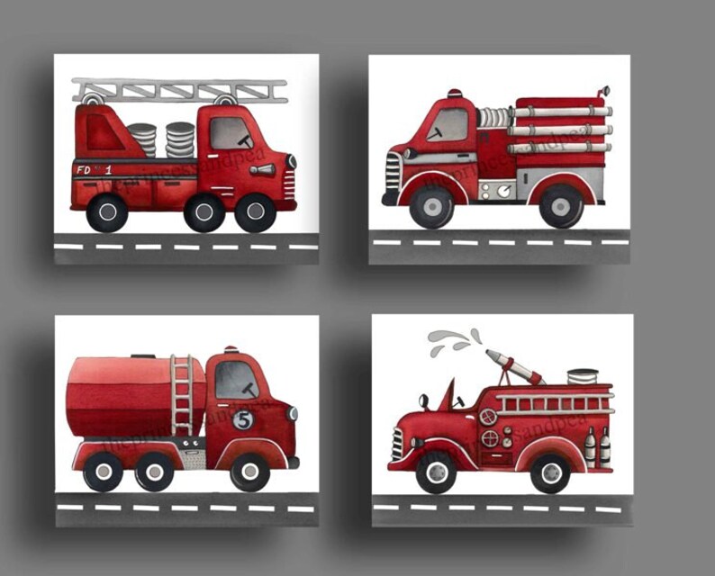 fire truck wall art décor , boy nursery art , fire truck prints, firetruck painting image 4