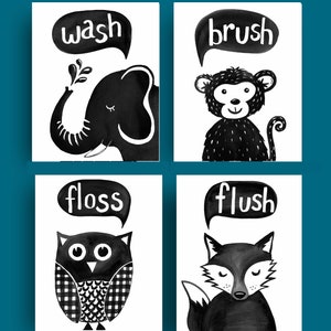 May include: Four black and white illustrations with animal characters and words in speech bubbles. The illustrations are for a bathroom and feature an elephant with the word "wash", a monkey with the word "brush", an owl with the word "floss", and a fox with the word "flush".