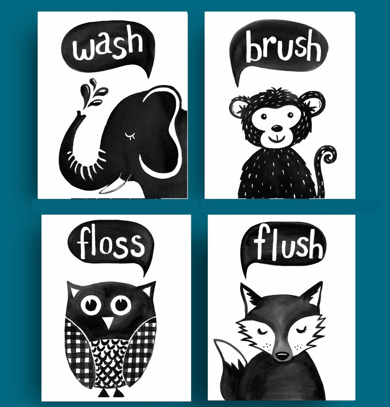 May include: Four black and white illustrations with animal characters and words in speech bubbles. The illustrations are for a bathroom and feature an elephant with the word "wash", a monkey with the word "brush", an owl with the word "floss", and a fox with the word "flush".