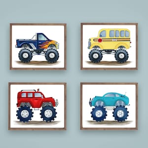 Monster Truck Watercolor Art Prints: Transportation Bedroom Decor, Set of 4