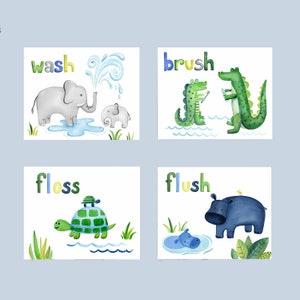 May include: Four watercolor illustrations with animal characters and words related to bathroom hygiene. The first image shows a blue elephant and a baby elephant with the word "wash". The second image shows two green alligators with the word "brush". The third image shows two green turtles with the word "floss". The fourth image shows a blue hippopotamus and a baby hippopotamus with the word "flush".