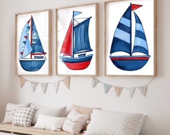 Láminas artísticas de veleros en acuarela, decoración náutica para habitación infantil infantil, juego de 4 láminas