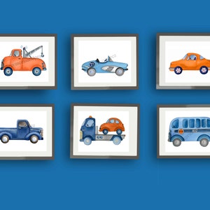 Transportation wall art decor for boy bedroom or nursery, blue orange decor image 1