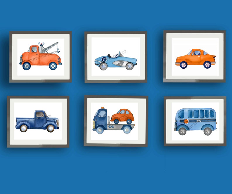 Transportation wall art decor for boy bedroom or nursery, blue orange decor image 1