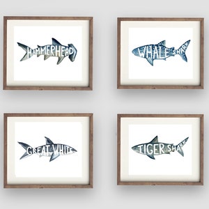 Shark wall art prints for shark bedroom bathroom, shark wall art decor