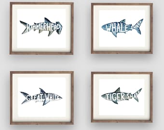 Shark wall art prints for shark bedroom bathroom, shark wall art decor