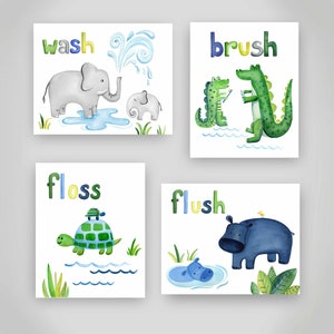 May include: Four watercolor illustrations with animal characters and the words "wash", "brush", "floss", and "flush" on a white background. The illustrations are for a bathroom or nursery.